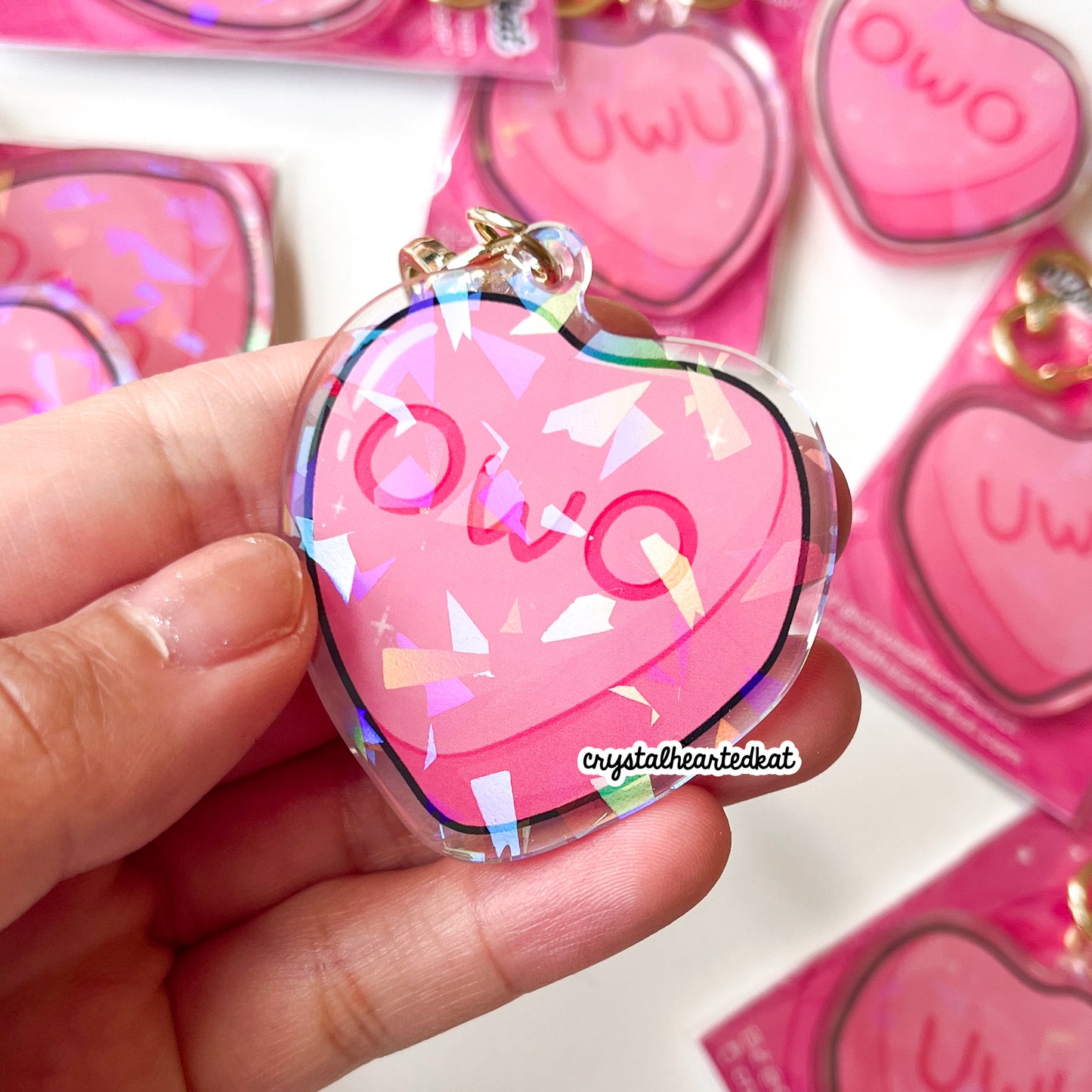 UwU / OwO Candy Heart Holographic Keychain Charm
